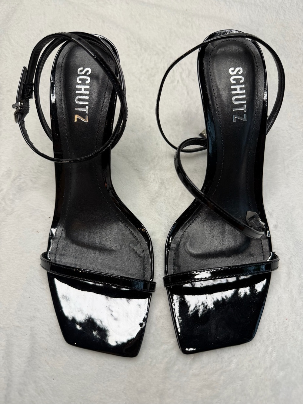 SCHUTZ Black Patent Strappy Square-Toe Heels with Ankle Wrap